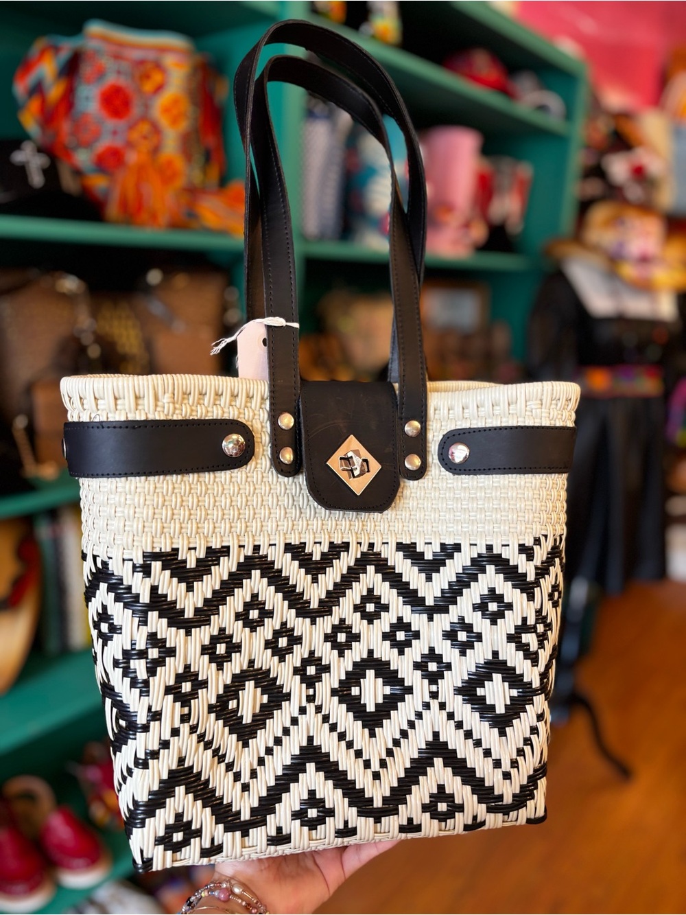 Hand Crafted Black & Cream Woven Tote with Leather Handles